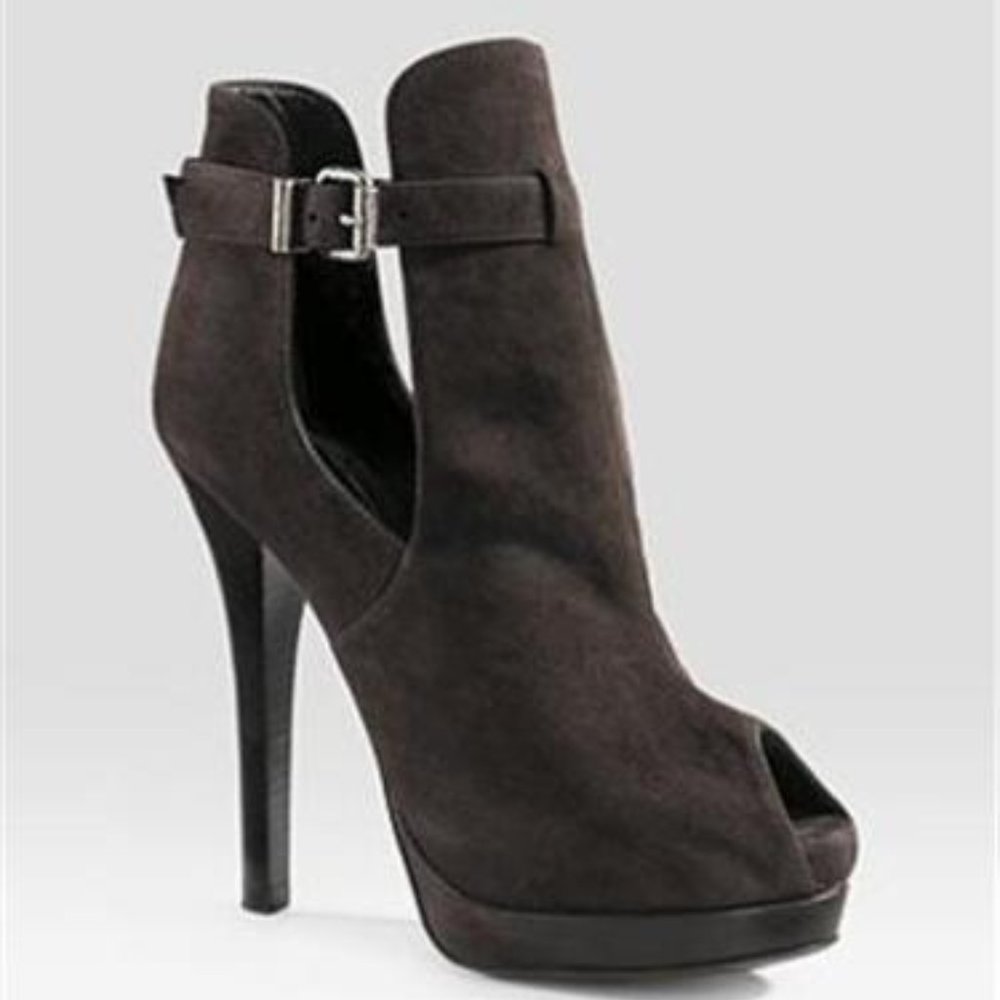 FENDI Brown Suede Peep Toe Cutout Buckled Platform Ankle Booties Boots